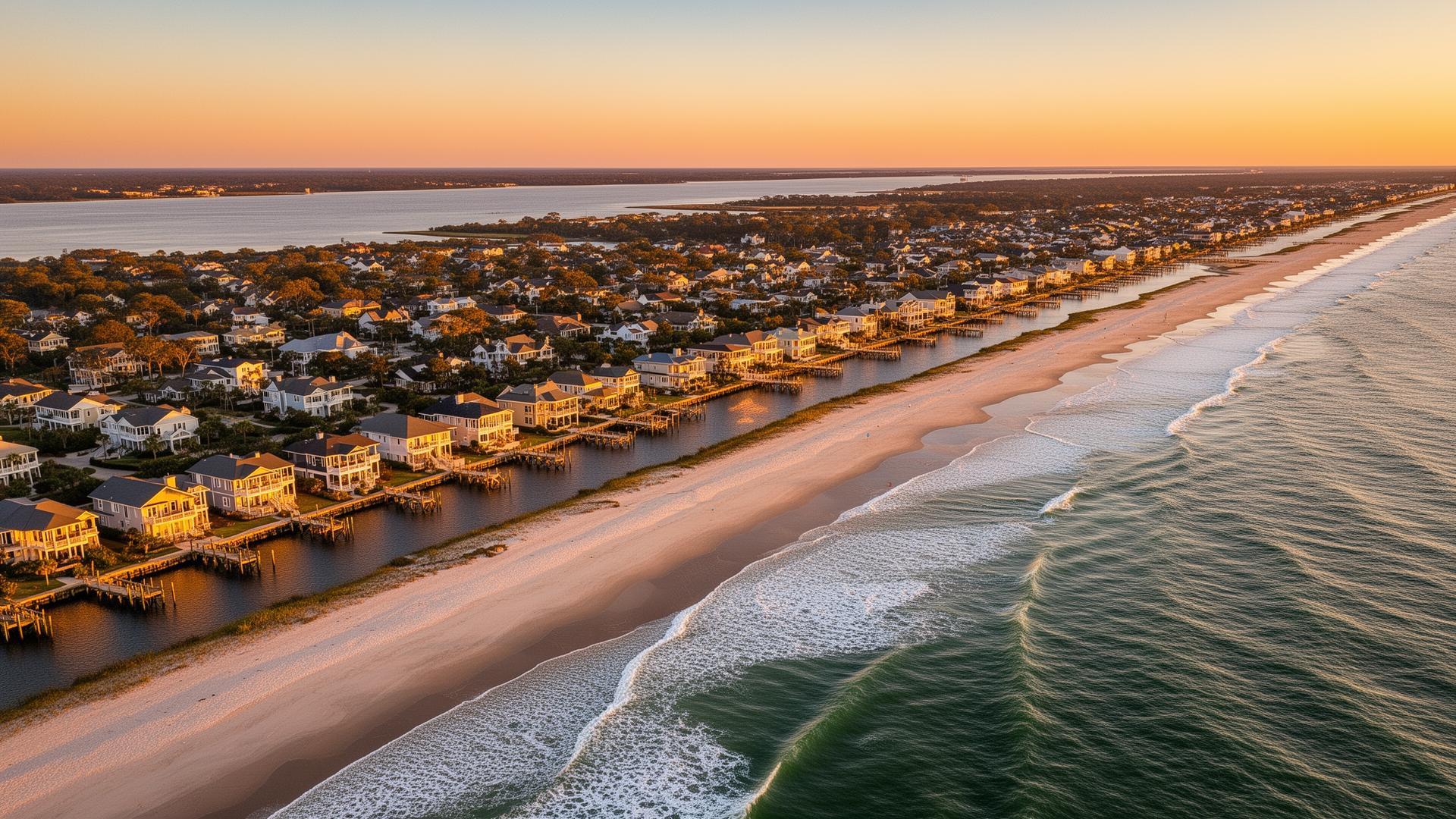 Aerial view at sunset of a barrier island beach town on the southeastern North Carolina coast, with oceanfront homes and docks on the sound side, the beach strand and the surf line in the foreground