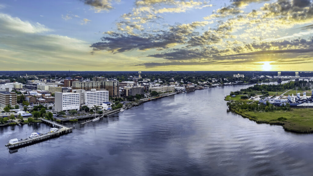 Sunset over the Riverwalk in downtown Wilmington, North Carolina