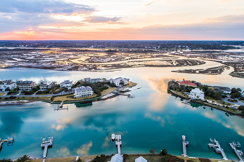 Aerial view of Figure Eight Island NC pristine coastline