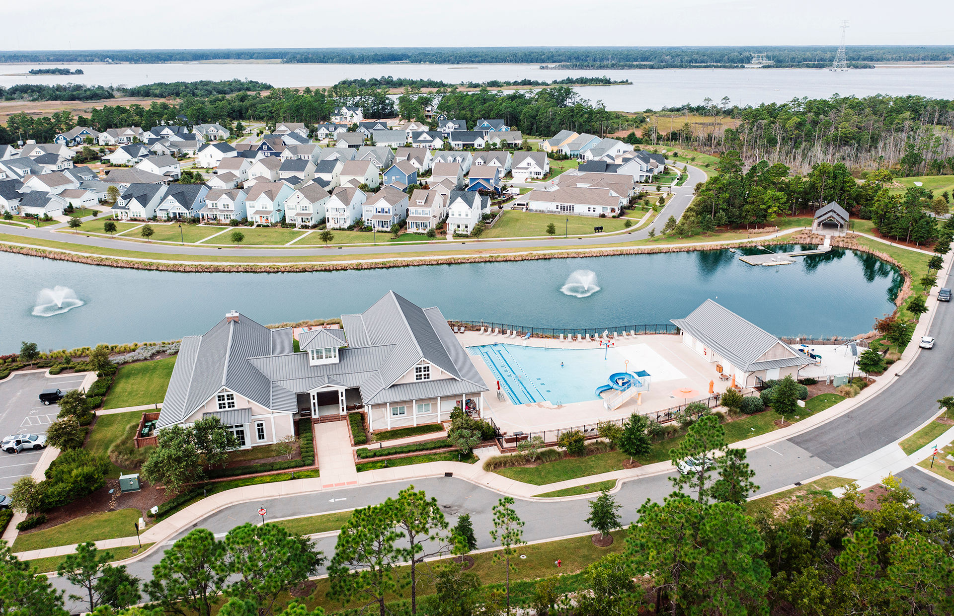 Aerial view of The Haven at RiverLights community along the Cape Fear River in New Hanover County NC