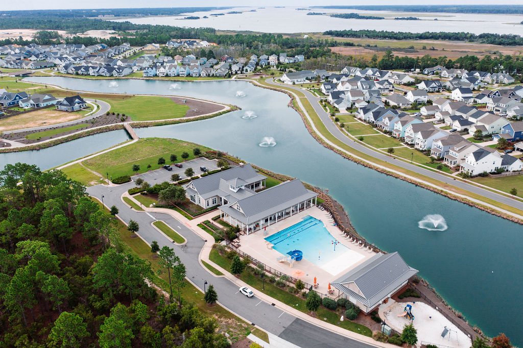 Aerial view of the RiverLights master-planned community along the Cape Fear River in New Hanover County NC