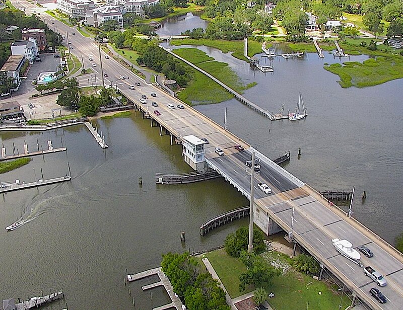 Aerial view of Heide Trask Bridge to Wrightsville Beach NC
