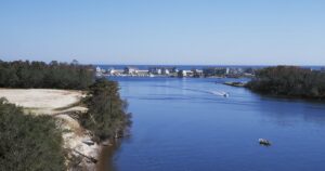The Intracoastal Waterway near Wilmington, North Carolina, with waterfront homes lining the far shore