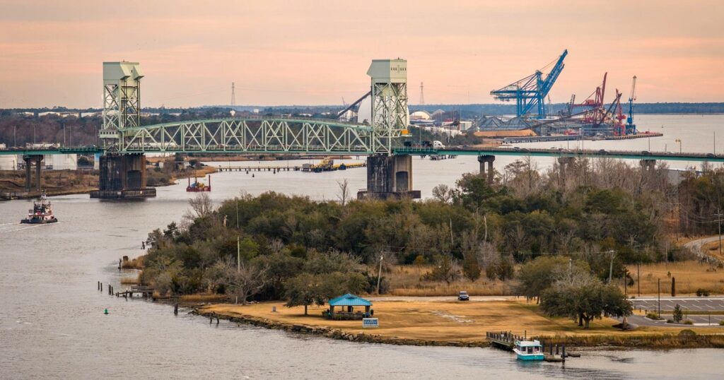 The Cape Fear Memorial Bridge and the Port of Wilmington, North Carolina, at dusk