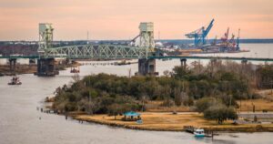 The Cape Fear Memorial Bridge and the Port of Wilmington, North Carolina, at dusk