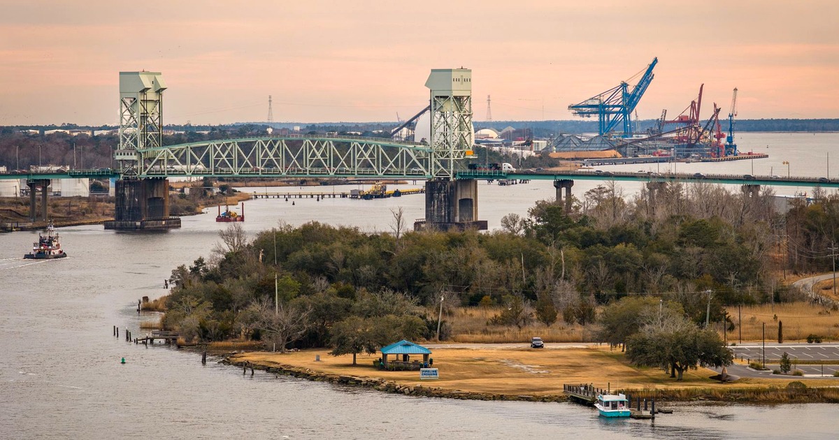 The Cape Fear Memorial Bridge and the Port of Wilmington, North Carolina, at dusk