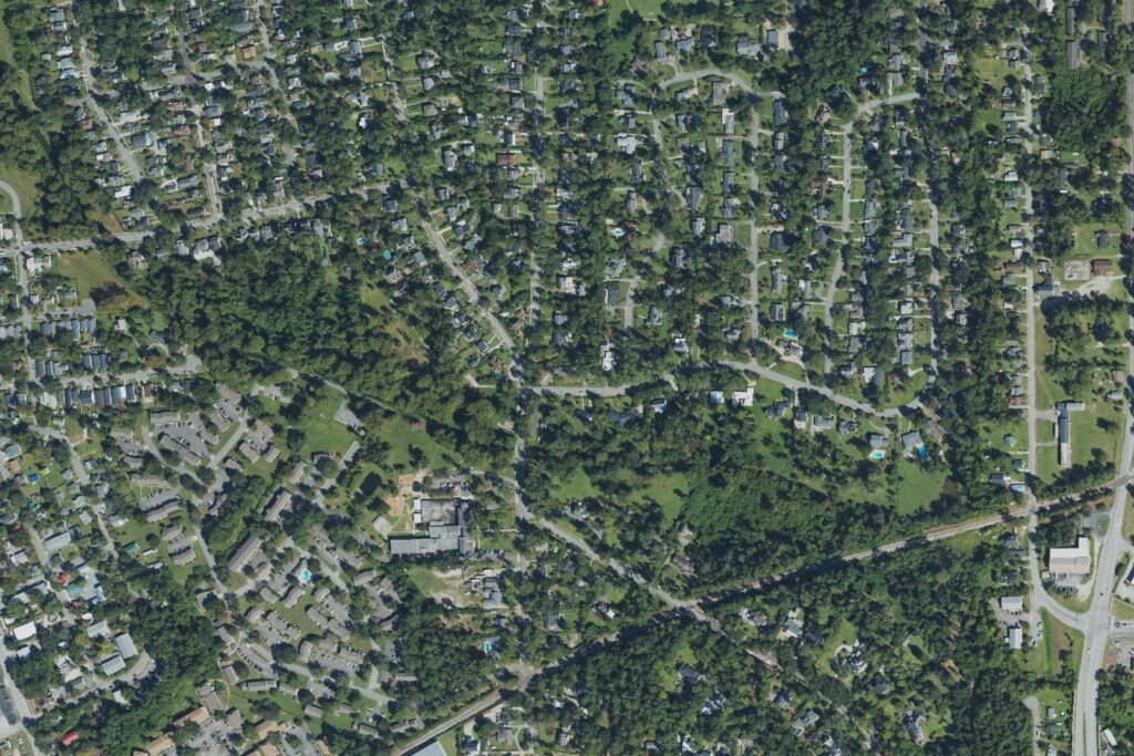 Aerial view of the Forest Hills neighborhood in Wilmington, North Carolina, showing curving streets, half-acre and larger lots and heavy tree canopy, with the wooded Burnt Mill Creek corridor running through the middle