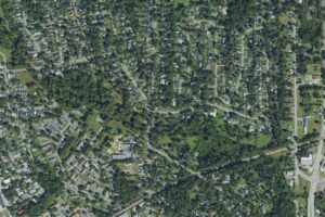 Aerial view of the Forest Hills neighborhood in Wilmington, North Carolina, showing curving streets, half-acre and larger lots and heavy tree canopy, with the wooded Burnt Mill Creek corridor running through the middle