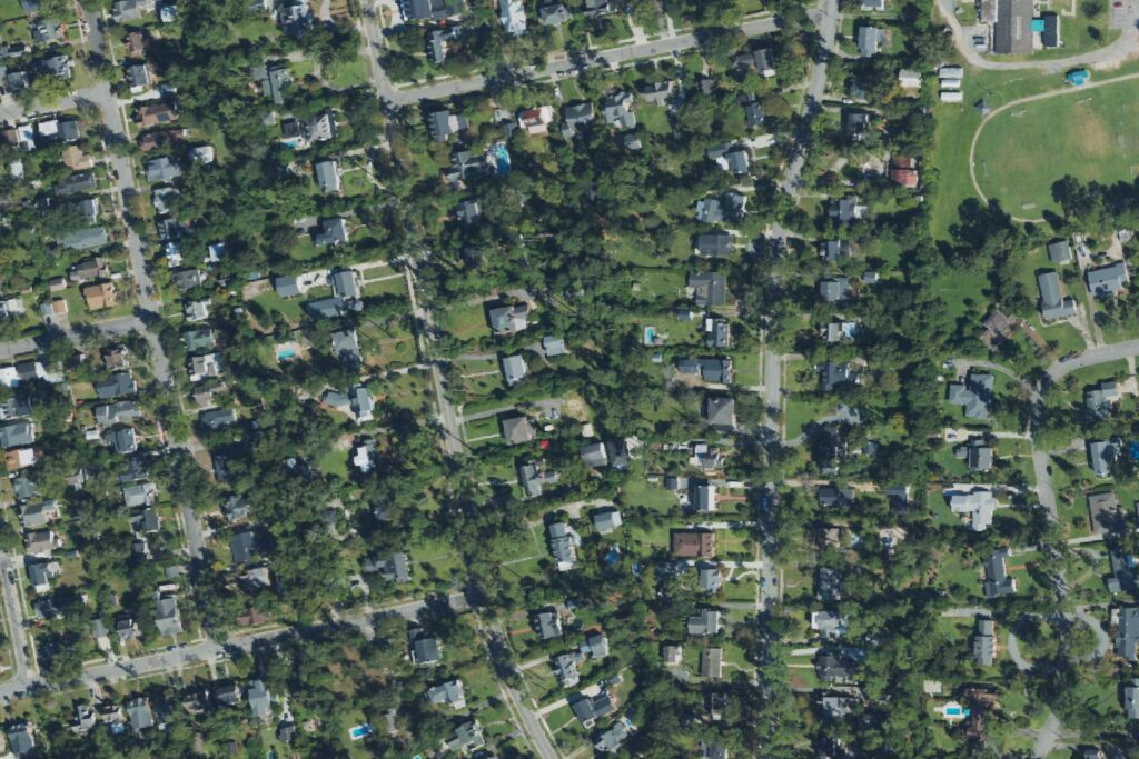 Aerial view of the residential streets of Forest Hills in Wilmington, North Carolina, showing mature hardwood canopy, large lots, backyard pools and mid-century and older homes
