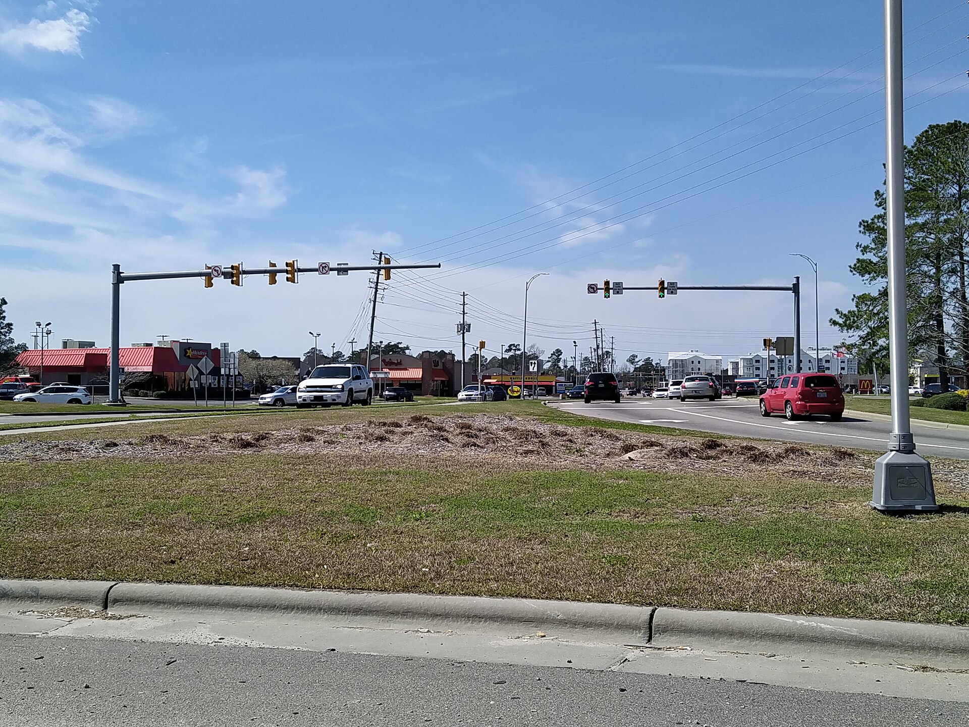 Village Road commercial corridor in Leland, North Carolina, seen from the US 17/74/76 off-ramp