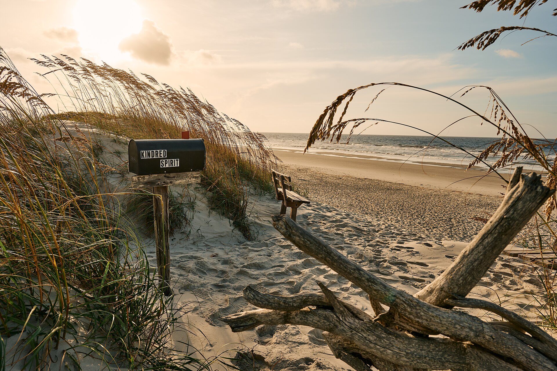 The Kindred Spirit mailbox standing in the dunes on Bird Island Reserve at the west end of Sunset Beach, North Carolina