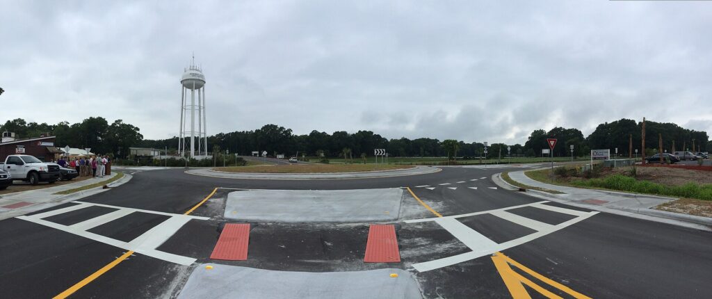 The roundabout at the mainland approach to Sunset Beach, North Carolina, shortly after it opened in July 2014