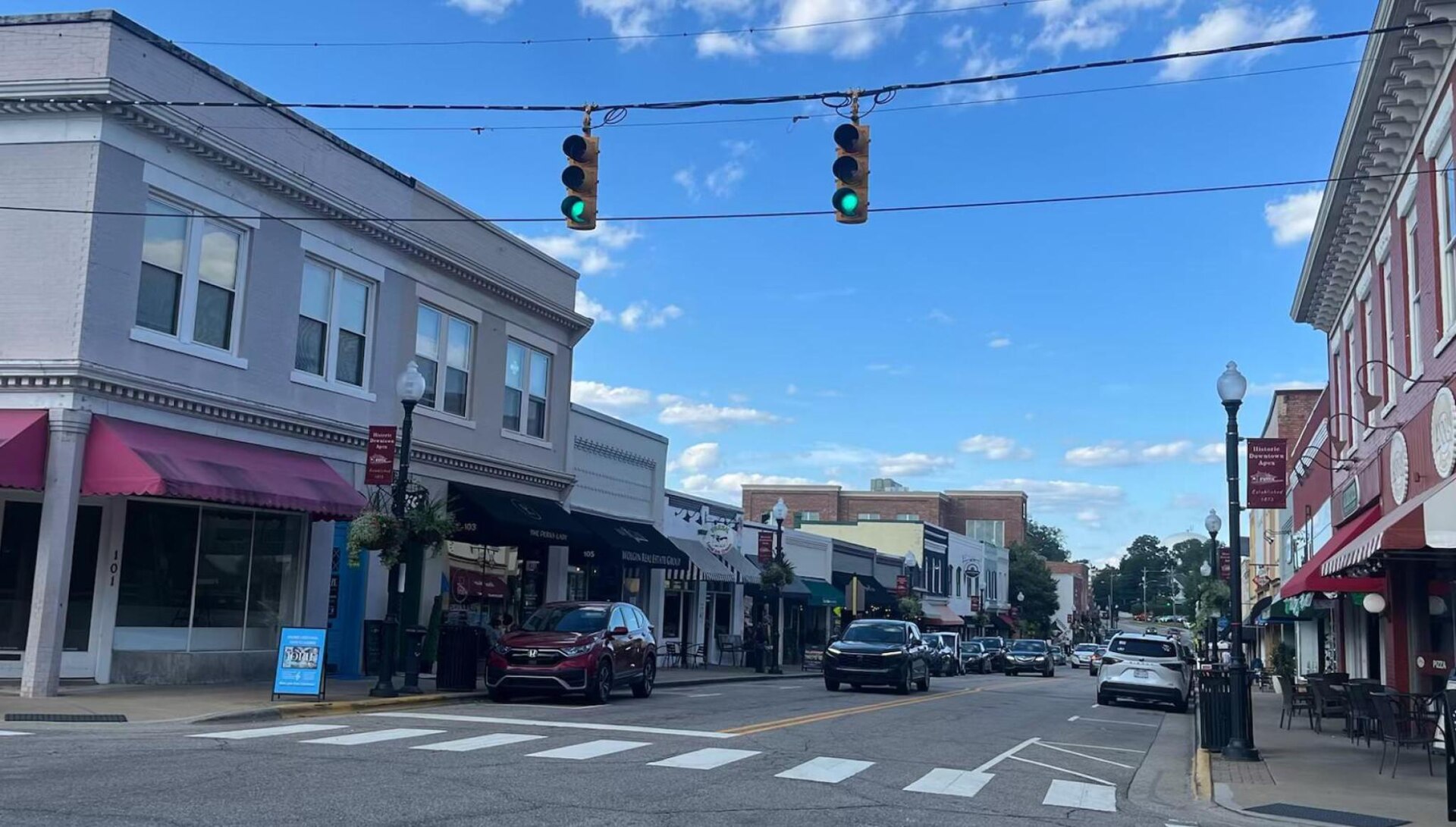 Historic storefronts and the depot on Salem Street in downtown Apex