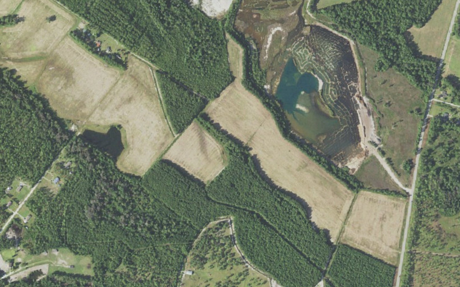 Aerial view of farm fields, planted pine blocks, scattered homes and a pond along Ash Little River Road in Ash, North Carolina