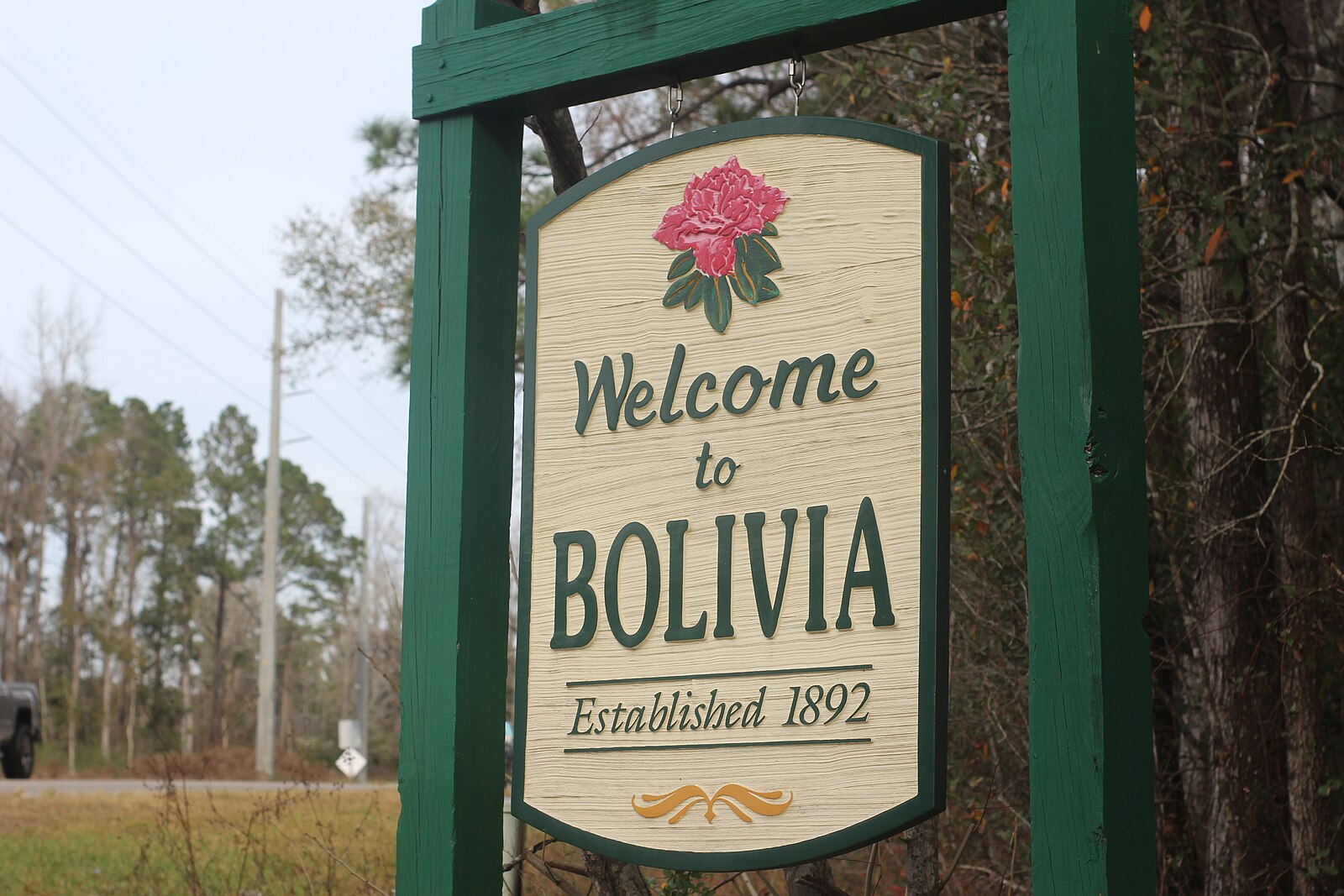Welcome to Bolivia, Established 1892 sign beside the highway in Bolivia, North Carolina