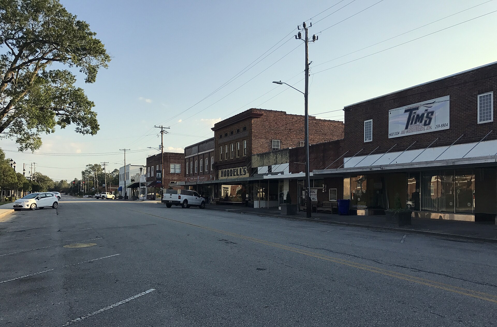 Brick storefronts along a downtown street in the Burgaw Historic District, Burgaw, North Carolina