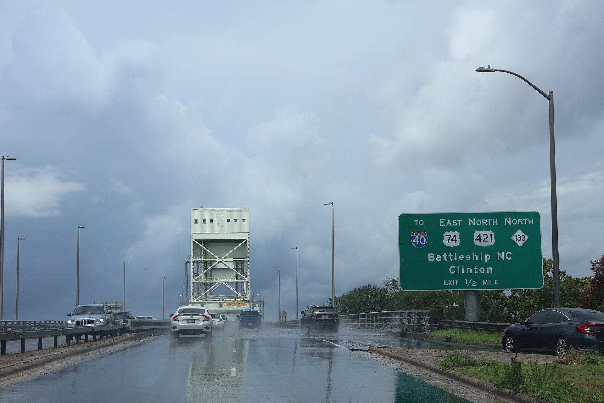 Traffic approaching the lift span of the Cape Fear Memorial Bridge on US 17-74-76 between Wilmington and Leland, North Carolina