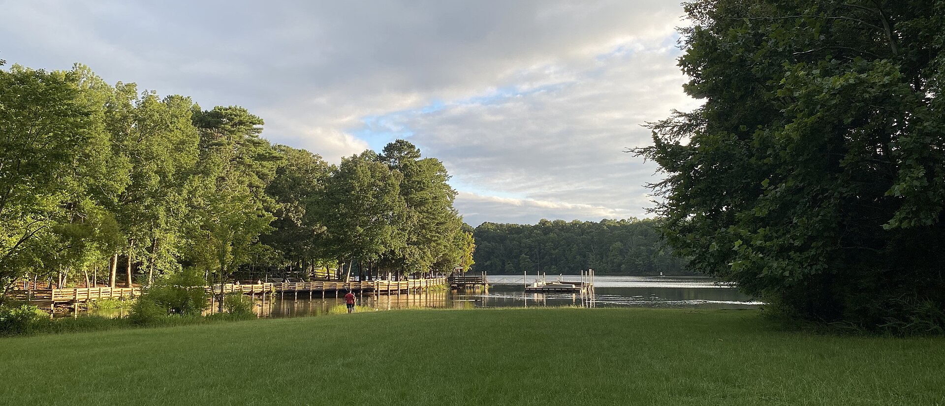 Fred G. Bond Park lakefront and boathouse in Cary
