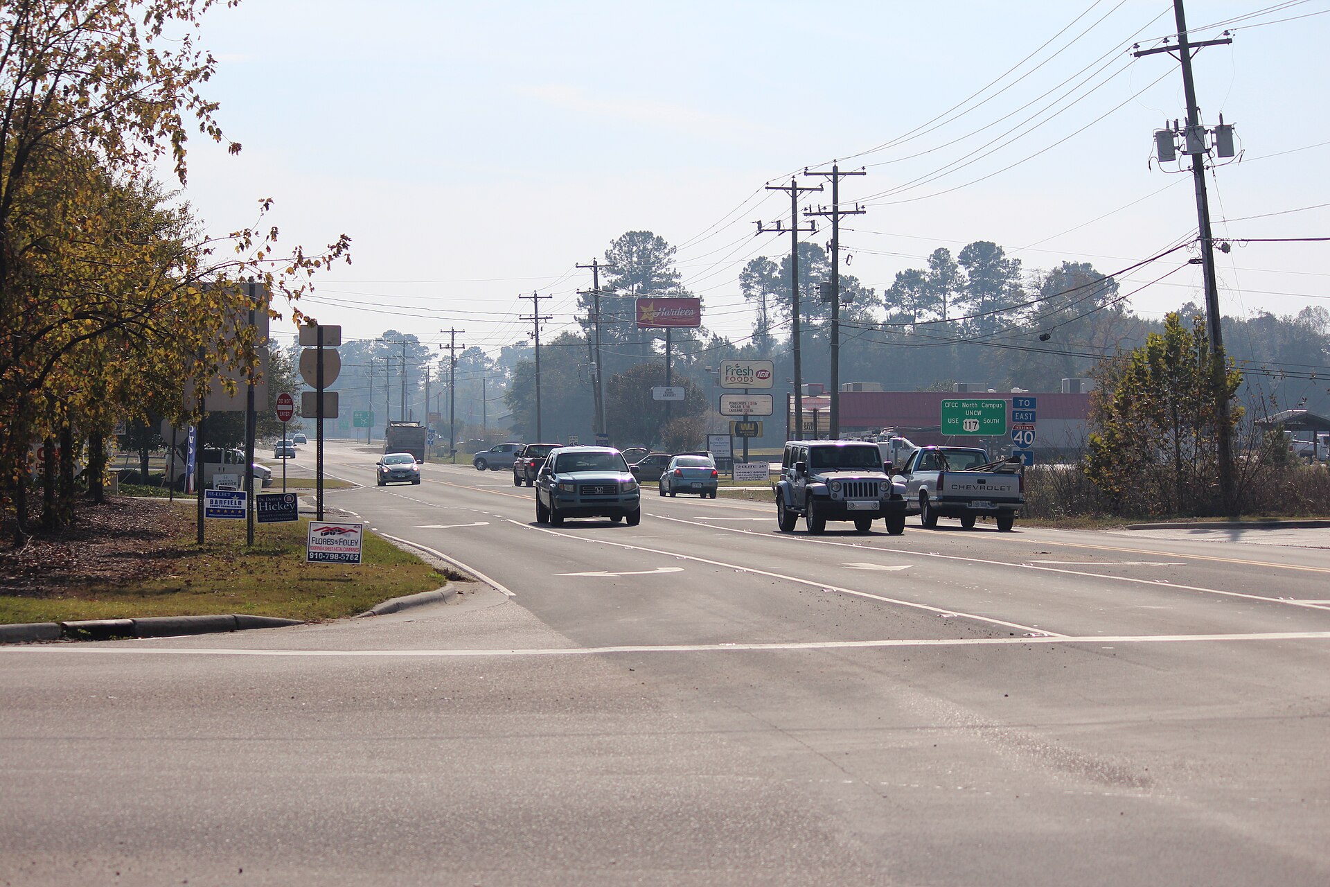 Traffic at the US 117 and NC 133 junction in the center of Castle Hayne, North Carolina