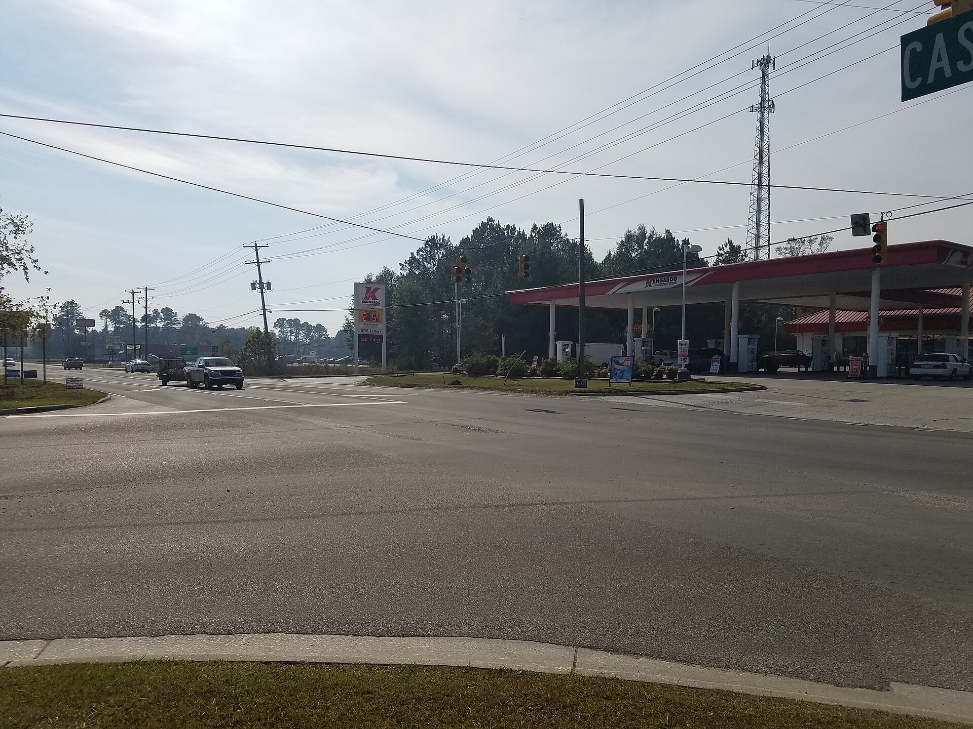 The signalized crossroads at the center of Castle Hayne, North Carolina