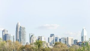 The Charlotte, North Carolina skyline seen from the west side on a clear day.
