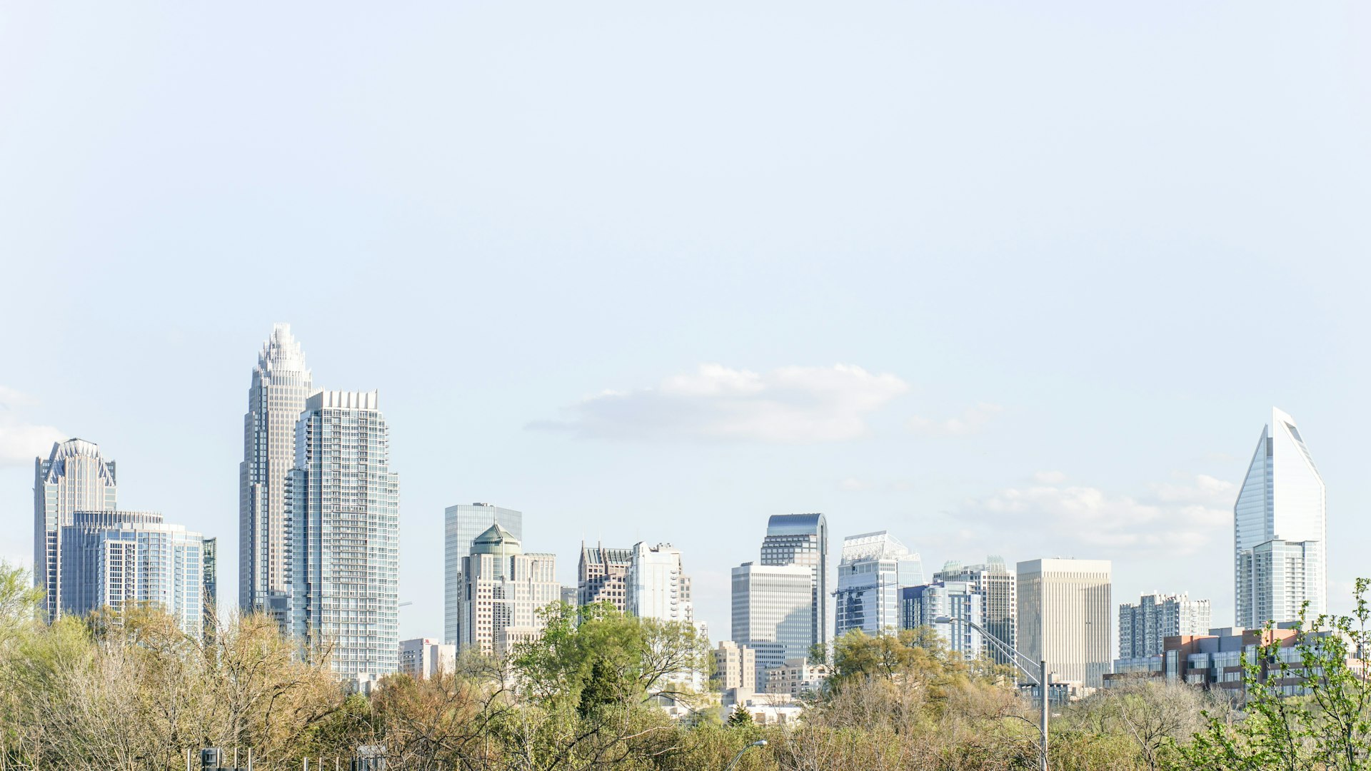 The Charlotte, North Carolina skyline seen from the west side on a clear day.