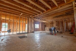 Wood framing inside a single family home under construction, before drywall