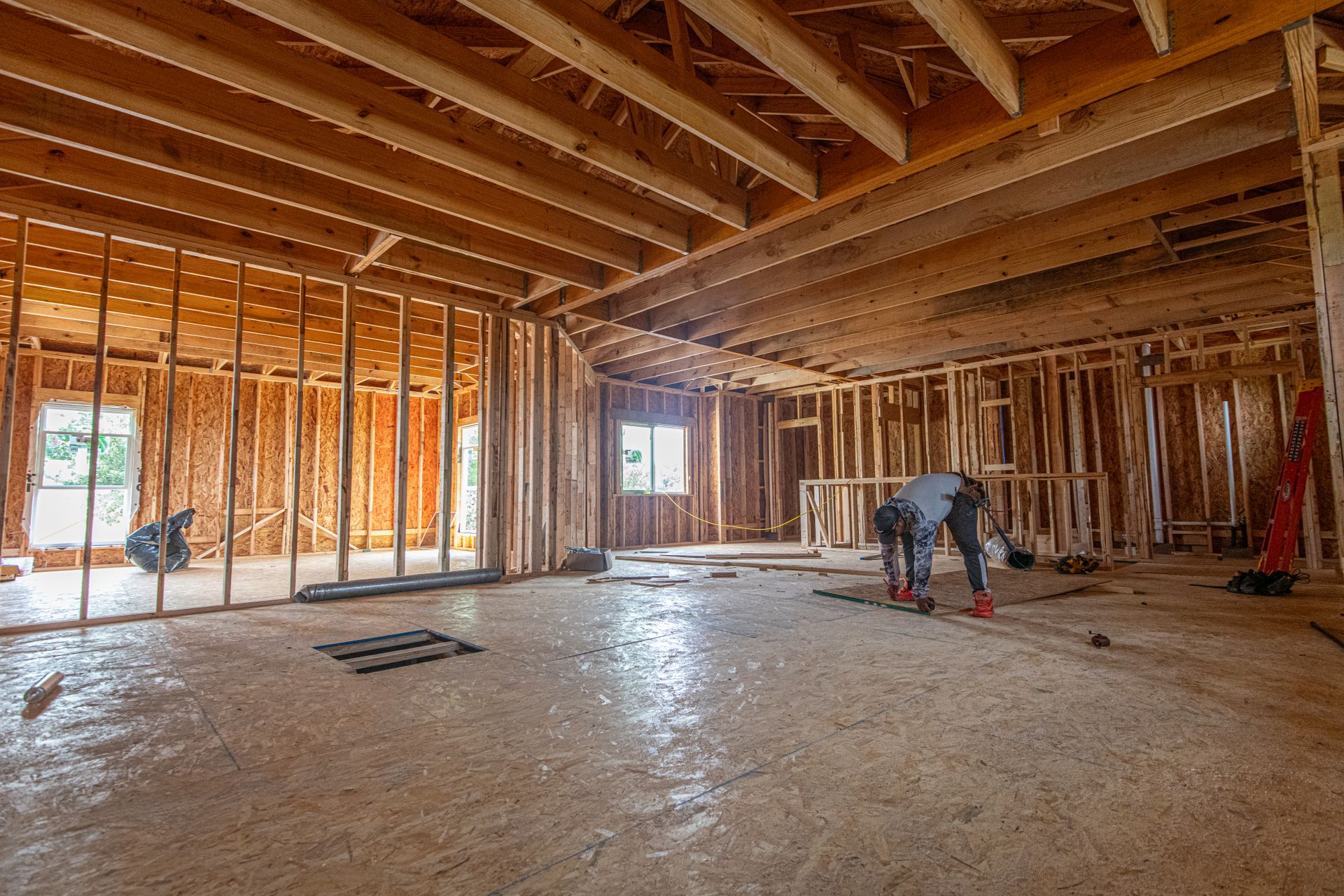 Wood framing inside a single family home under construction, before drywall