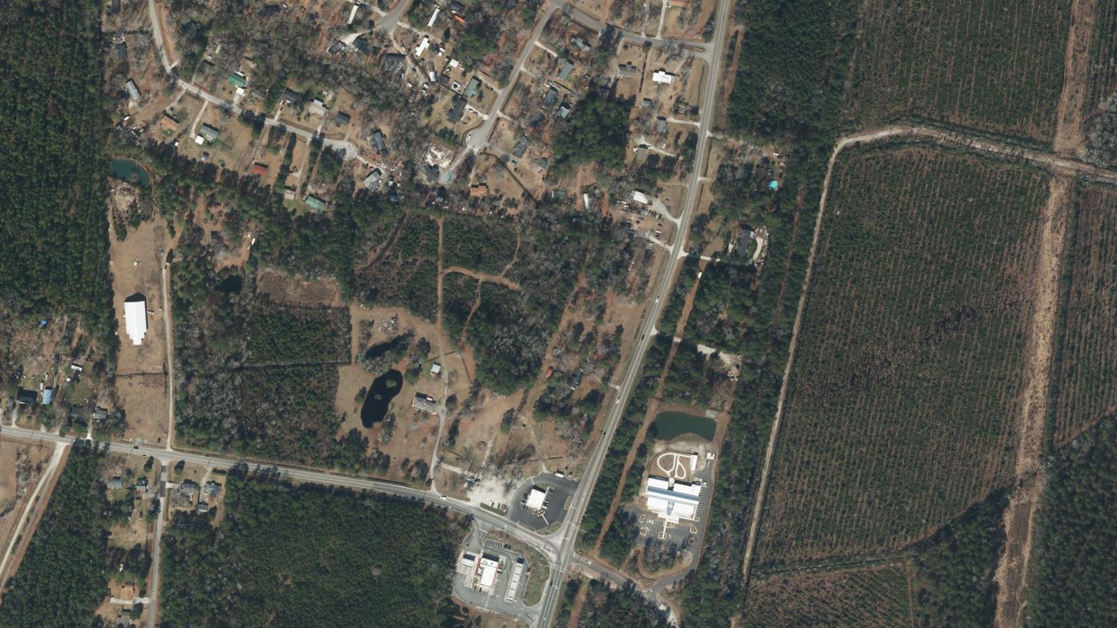 Aerial view of the Rocky Point crossroads in Pender County, North Carolina, where US Highway 117 meets NC Highway 133